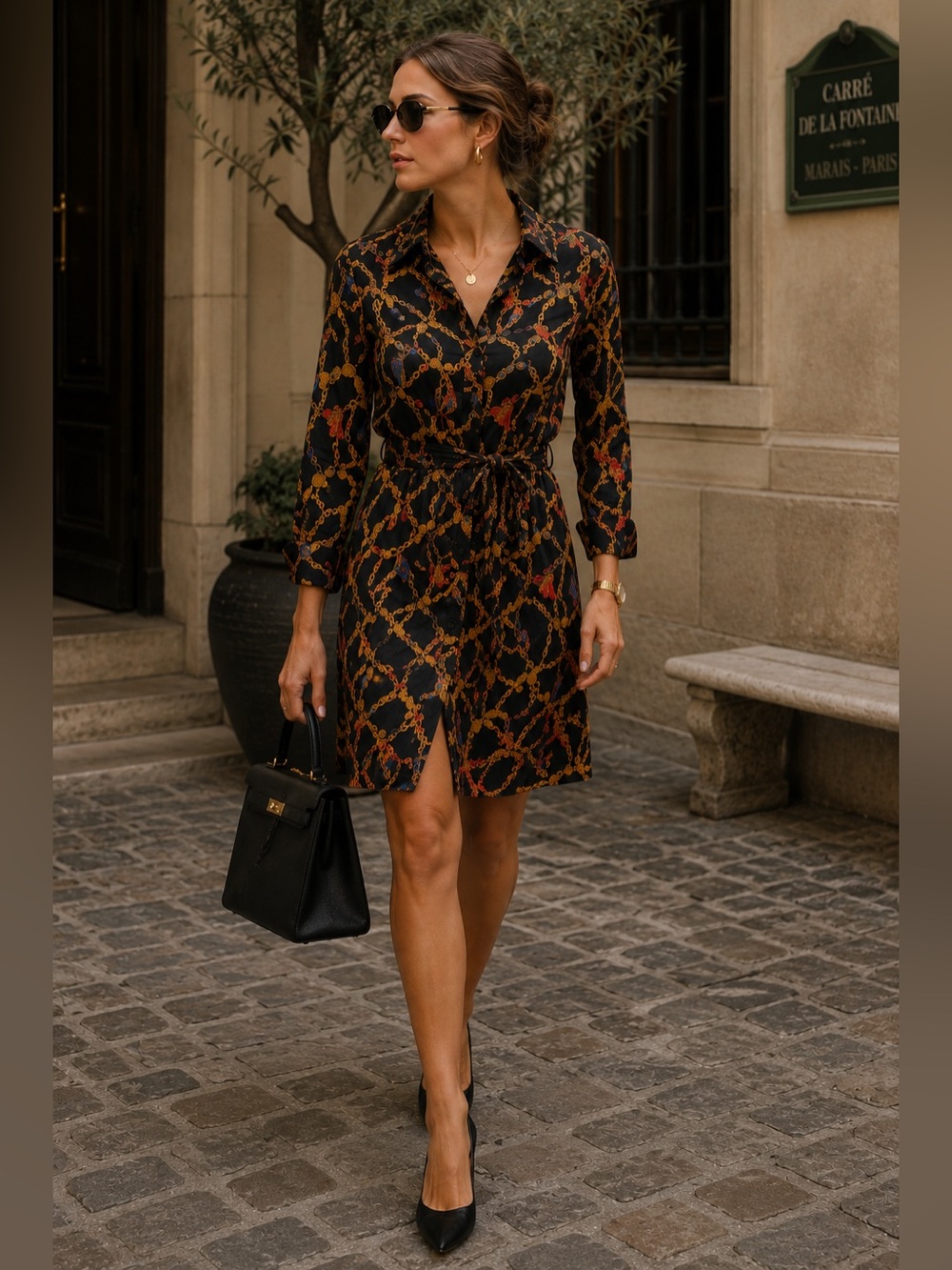 Nanette Lepore Chain Print Tie Waist Shirt Dress Baroque Scarf Black Gold 6